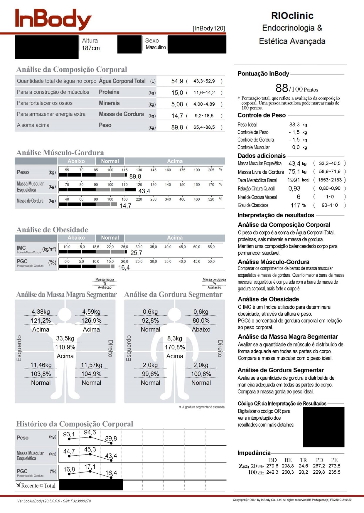 Resultado de bioimpedância InBody 120 do caso 1, anonimizado